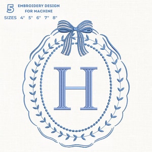 Moldura oval recortada com laço azul e branco + fonte de bordado Times New Roman, brasão clássico de louros para berçário, 5 tamanhos, 11 formatos + caixa de fonte