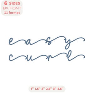 Könnte beinhalten: Weißer Hintergrund mit den Worten "easy cure" in einer fließenden, kursiven Schriftart. Das Bild enthält auch Text, der die Schriftgröße und das Format angibt, sowie Größenoptionen von 2,5 cm bis 8,9 cm.