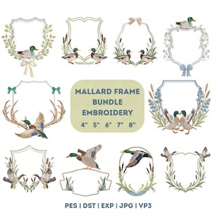 Mallard Duck Hunting Embroidery Crest Design Bundle, Duck Embroidery, Farmhouse Bird Embroidery, Rustic Frame, Country Duck Embroidery PES