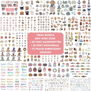 Könnte beinhalten: Eine digitale Sammlung von über 800 Mini-Stickerei-Icons, 40 handgeschriebenen Schriftarten, 28 Monogramm-Schriftarten und 70 Rahmendesigns. Das Bild zeigt eine Vielzahl bunter Illustrationen, darunter Tiere, saisonale Motive und Text.