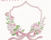 Floral Monogram Frame Embroidery Design, Pink Bow Shield Crest, Flower Border Machine Embroidery File, Coquette Nursery, Instant Download