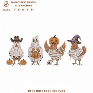 May include: Machine embroidery design featuring four chickens in Halloween costumes: one as a ghost with a cowboy hat and pumpkins, one as a ghost holding a pumpkin bucket, one as a mummy with a pumpkin head, and one as a mummy with a witch hat.