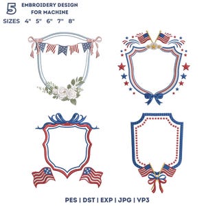 Könnte beinhalten: Vier Stickdesigns mit patriotischen Themen. Jedes Design hat eine Schildform mit roten, weißen und blauen Akzenten, Sternen und Flaggen. Die Designs sind in Größen von 10,16 bis 20,32 cm erhältlich.
