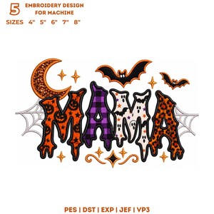 Halloween Mama applicatie borduurontwerp, griezelig mama shirt, druipend lettertype, patchworkpatroon, vleermuis, maan, spinnenweb, machineborduurwerk, 5 maten