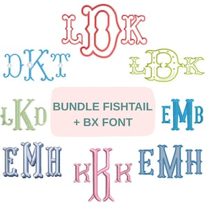 Könnte beinhalten: Eine Sammlung gestickter Monogramm-Designs in verschiedenen Farben, darunter Rot, Blau, Grün und Rosa. Die Designs zeigen verschiedene Buchstabenkombinationen und -stile, mit dem Text "BUNDLE FISHTAIL + BX FONT" in der Mitte.