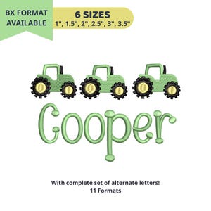 Cursive Script Embroidery Font With Green Tractor Ball Point Alphabet Boy Name Whimsical, 6 Sizes + BX Format, pes dst vp3 xxx