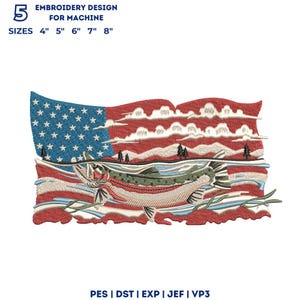 Könnte beinhalten: Ein Stickdesign für Maschinen mit einem stilisierten amerikanischen Flaggenhintergrund und einem Fisch, der durch das Wasser schwimmt. Der Text lautet 5 EMBROIDERY DESIGN FOR MACHINE SIZES 4" 5" 6" 7" 8" und PES | DST | EXP | JEF | VP3. Die Flagge hat rote und weiße Streifen sowie ein blaues Feld mit weißen Sternen.