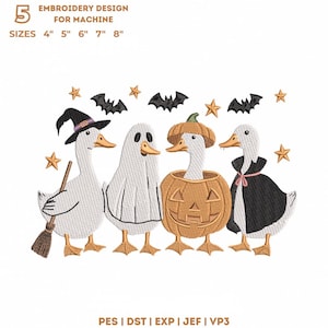 Halloween Goose Embroidery Design, Spooky Ducks Border Ghost Pumpkin, Cute Vampire Witch Walking Crew Applique Pattern 5 Sizes, pes dst vp3