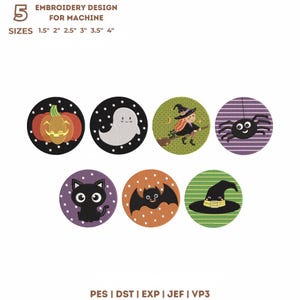 Könnte beinhalten: Ein Set aus sieben runden Maschinenstickmustern mit Halloween-Motiven wie Kürbis, Geist, Hexe, Spinne, schwarze Katze, Fledermaus und Hexenhut. Text: 5 EMBROIDERY DESIGN FOR MACHINE SIZES 1.5" 2" 2.5" 3" 3.5" 4" und PES | DST | EXP | JEF | VP3.