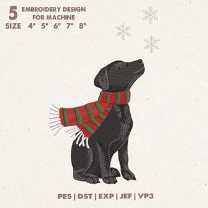 May include: An embroidery design for machine embroidery featuring a black Labrador Retriever wearing a red and green striped scarf, looking up at snowflakes. The design sizes are 4", 5", 6", 7", and 8".