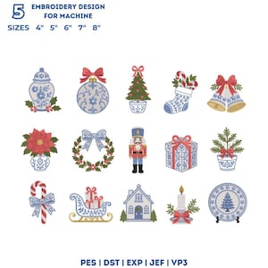 Könnte beinhalten: Eine Sammlung von 15 weihnachtlichen Maschinenstickmustern mit Ingwertopf, Christbaumkugel, Baum, Strumpf, Glocken, Weihnachtsstern, Kranz, Nussknacker, Geschenk, Topfpflanze, Zuckerstange, Schlitten, Haus, Kerze und Teller in 5 Größen: 4", 5", 6", 7", 8".