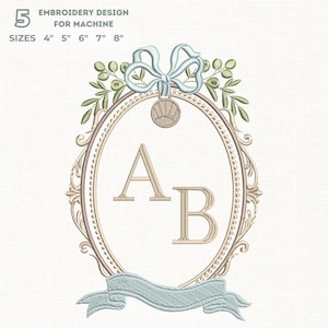Vintage Oval Ribbon Crest + Times Serif Monogram Embroidery Font, Elegant Bow Floral Frame, Modern Satin Stich, 5 Sizes, 11 Formats +Bx Font