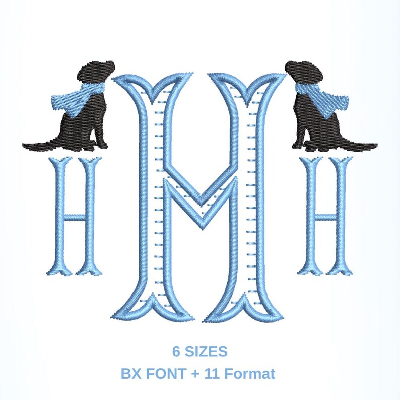 Flanked Letter Dog Monogram + Fishtail Font With Labrador, Puppy Embroidery Design Set ...