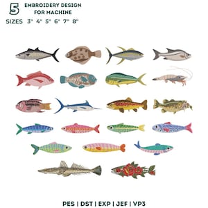 May include: A digital collection of 18 distinct fish and shrimp embroidery designs for machines. The text reads 5 EMBROIDERY DESIGN FOR MACHINE SIZES 3" 4" 5" 6" 7" 8" and PES | DST | EXP | JEF | VP3. The illustrations feature various colorful aquatic species.