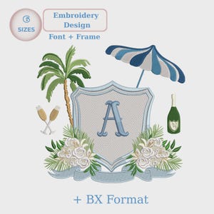 Coastal Monogram Crest Embroidery Font Bundle, Beach Vacation Frame with Initial, Custom Name BX PES DST Instant Download