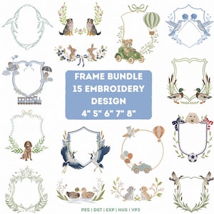 Könnte beinhalten: Eine Sammlung von 15 Stickmustern mit Rahmen zu Tier- und Naturthemen. Designs umfassen Hunde, Kaninchen, Enten und einen Teddybären in einem Auto. Der Text "FRAME BUNDLE 15 EMBROIDERY DESIGN 4" 5" 6" 7" 8"" ist auf blauem Hintergrund dargestellt.