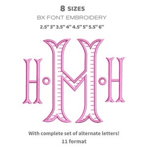 Könnte beinhalten: Rosa gesticktes Monogramm-Design mit den Buchstaben H, M und H. Das Bild enthält Text, der 8 Größen von 6,35 cm bis 15,24 cm anzeigt, sowie die Verfügbarkeit alternativer Buchstaben in 11 Formaten. Das Design ist auf weißem Hintergrund.