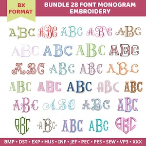 Könnte beinhalten: Eine digitale Sammlung von 28 Monogramm-Stickschriftarten mit der Aufschrift BUNDLE 28 FONT MONOGRAM EMBROIDERY. Jede Zeile zeigt die Buchstaben A, B und C in verschiedenen dekorativen Schriftarten, Farben und Mustern, einschließlich Schreib- und Blockschriften.