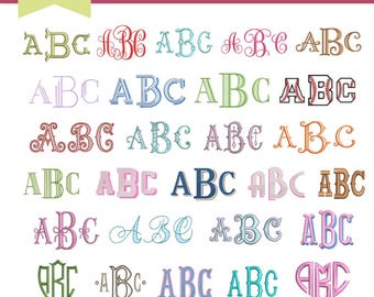 Könnte beinhalten: Eine digitale Sammlung von 28 Monogramm-Stickschriftarten mit der Aufschrift BUNDLE 28 FONT MONOGRAM EMBROIDERY. Jede Zeile zeigt die Buchstaben A, B und C in verschiedenen dekorativen Schriftarten, Farben und Mustern, einschließlich Schreib- und Blockschriften.