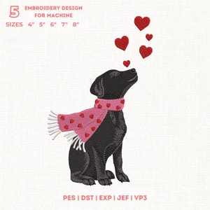 Dog Valentine Embroidery Design, Black Labrador Valentine Pattern, Cute Dog With Hearts, Love Dog Machine Embroidery, Digital Download