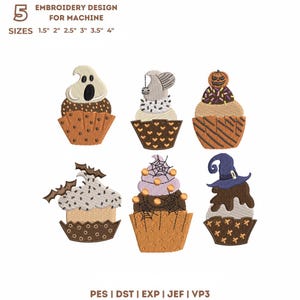 Halloween Cupcake Embroidery Design Bundle, Spooky Mini Icons Ghost Pumpkin PES DST JEF, Cute Witch Bat Spiderweb Food Pattern 6 Sizes