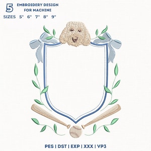 Könnte beinhalten: Ein Stickdesign für die Maschine, mit einer Schildform mit einem Hundekopf oben, Baseballschlägern und einem Baseball. Das Design enthält den Text "EMBROIDERY DESIGN FOR MACHINE" und die Größen 5", 6", 7", 8" und 9".