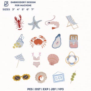 Könnte beinhalten: Stickmuster für Maschinen mit Strandmotiven. Designs umfassen Hummer, Seestern, Garnele, Strandstuhl, Krabbe, Auster, Sardinen, Sonnenschirm, Bikini, Muschel, Rettungsring, Sonnenbrille und Oliven. Größen: 7.6 cm bis 17.8 cm.