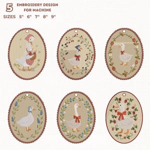 Scallop ITH Vintage Goose Tag Applique Embroidery Design Bundle, Vintage Duck Frame, Farmhouse Goose Hanging Ornament 5 Sizes, 6 Types