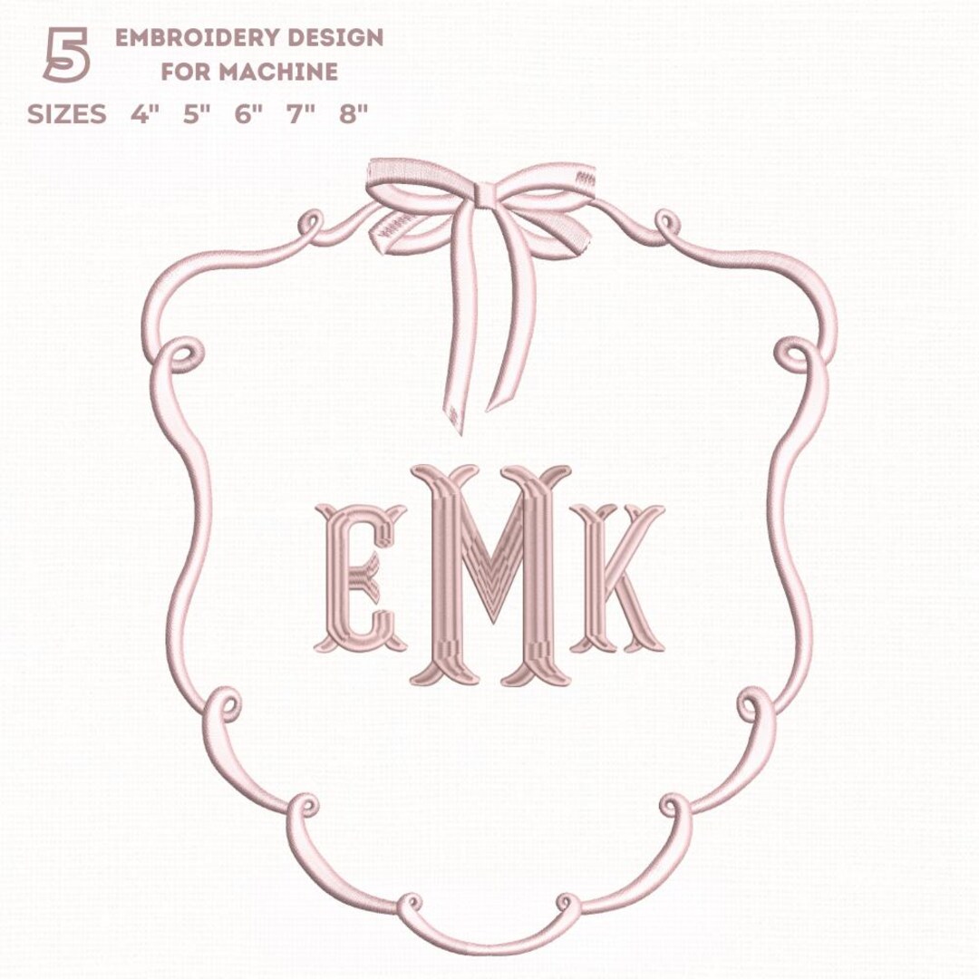 Coquette Bow + Fishtail Font Monogram Embroidery , Pink Initial Frame ...