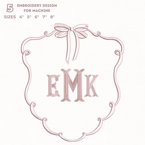 Coquette Bow + Fishtail Font Monogram Embroidery , Pink Initial Frame, Baby Girl Name, Boutique Nursery, 5 Sizes, 11 Format + Bx Font