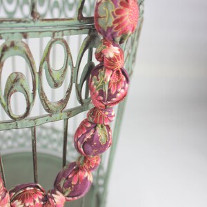 Fabric covered bead necklace, Plum asian blossom designed Hanemai cotton fabric image 1
