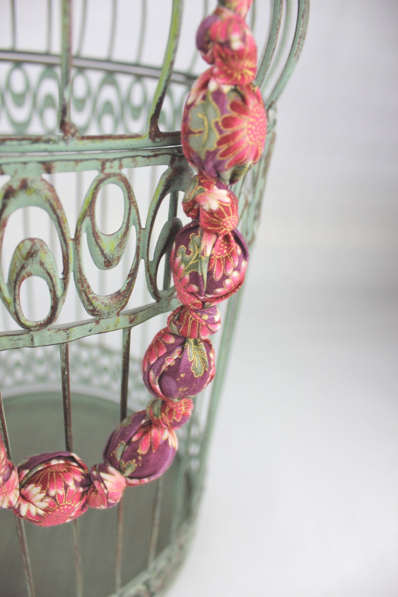 Fabric covered bead necklace, Plum asian blossom designed Hanemai cotton fabric image 1