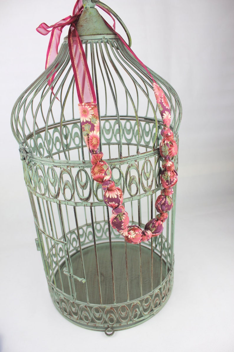 Fabric covered bead necklace, Plum asian blossom designed Hanemai cotton fabric image 2