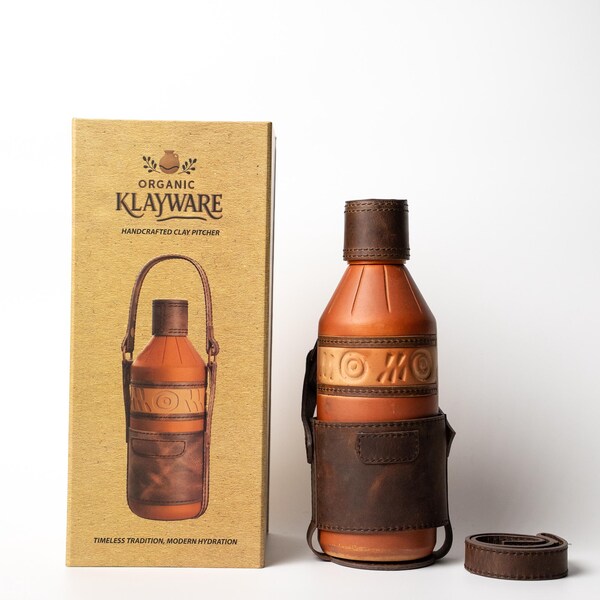 Handmade Clay Terracotta Water Bottle with Leather Sleeve - 600ml