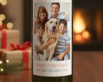 Personalized Christmas Wine Label, Custom Photo Holiday, Festive Wine Bottle Sticker