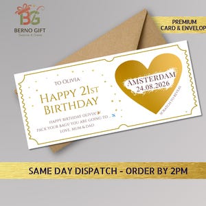 May include: A white birthday card with gold detailing and a gold heart that says "Amsterdam 24.08.2026". The card is for Olivia's 21st birthday and includes a message from her parents. It comes with a brown envelope.