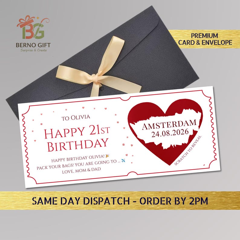May include: A birthday card with a red heart-shaped design and the word "Amsterdam" and the date "24.08.2026". The card is white with red text and is inside a dark gray envelope tied with a beige ribbon. The text reads "Happy 21st Birthday".