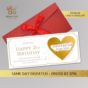 May include: A red envelope with a matching red ribbon and a birthday card. The card is white with gold text that reads "Happy 21st Birthday" and "Amsterdam 24.08.2026". The card is a scratch-off design.