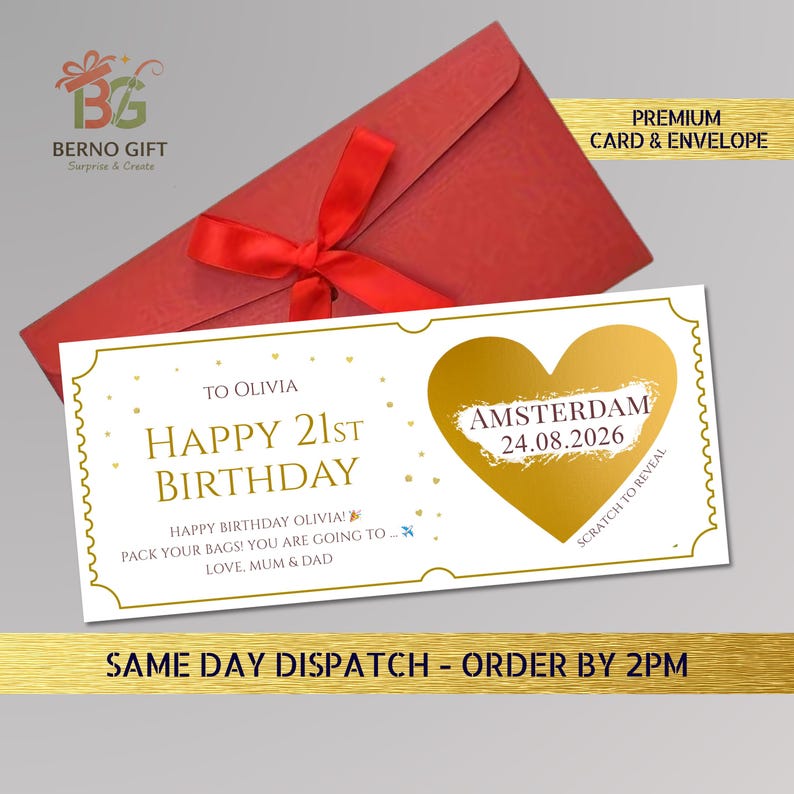 May include: A red envelope with a matching red ribbon and a birthday card. The card is white with gold text that reads "Happy 21st Birthday" and "Amsterdam 24.08.2026". The card is a scratch-off design.