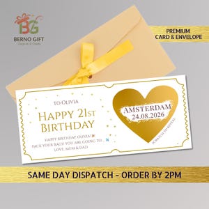 May include: A birthday card with a gold heart and the text "HAPPY 21ST BIRTHDAY" and "AMSTERDAM 24.08.2026". The card is in a cream envelope with a yellow ribbon. The card reads "TO OLIVIA" and "SCRATCH TO REVEAL".