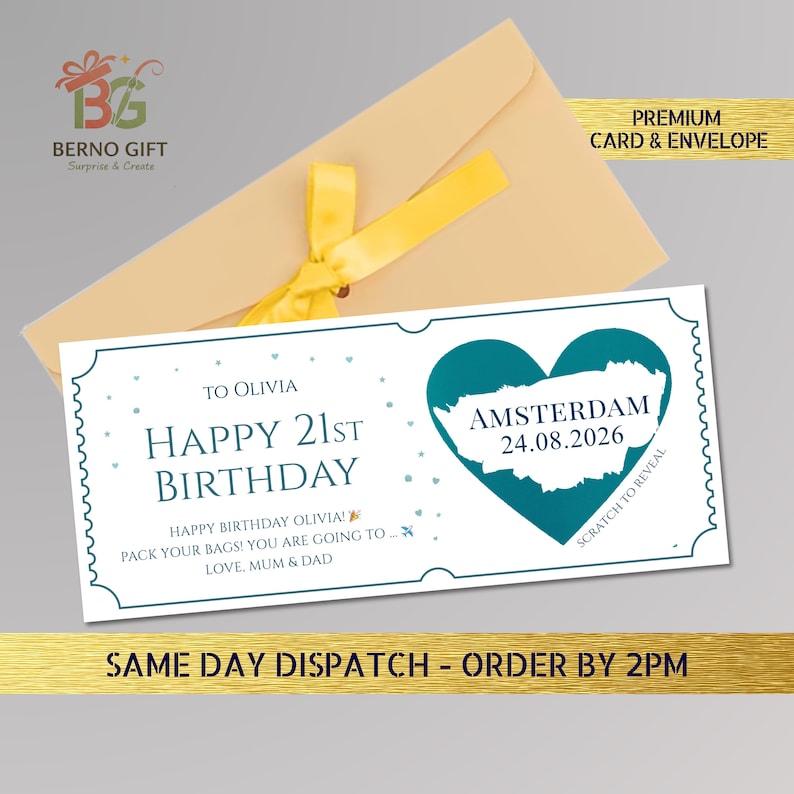 May include: A birthday card with a teal heart-shaped design featuring the word "Amsterdam" and the date "24.08.2026". The card is addressed to Olivia and says "Happy 21st Birthday". It comes with a cream-colored envelope and a yellow ribbon.