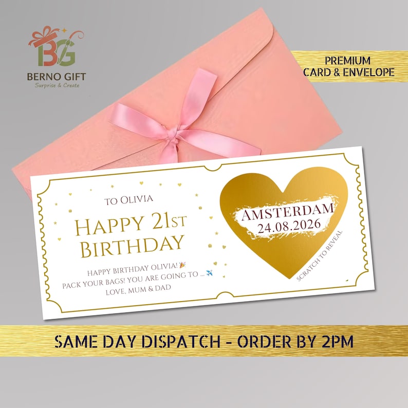 May include: A birthday card with a gold heart-shaped scratch-off area, a pink envelope, and a pink ribbon. The card reads "Happy 21st Birthday" and "Amsterdam 24.08.2026". The card is a premium card and envelope.
