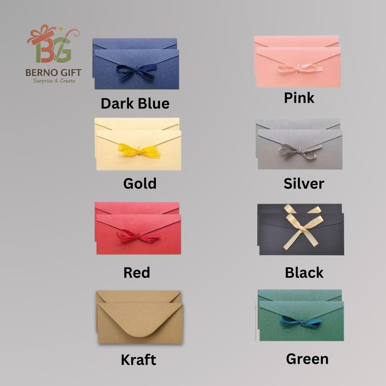 May include: A collection of colorful gift envelopes with matching ribbons. Colors include dark blue, pink, gold, silver, red, black, kraft, and green. The envelopes are arranged on a light gray background. The brand logo "BERNO GIFT" is visible in the top left corner.