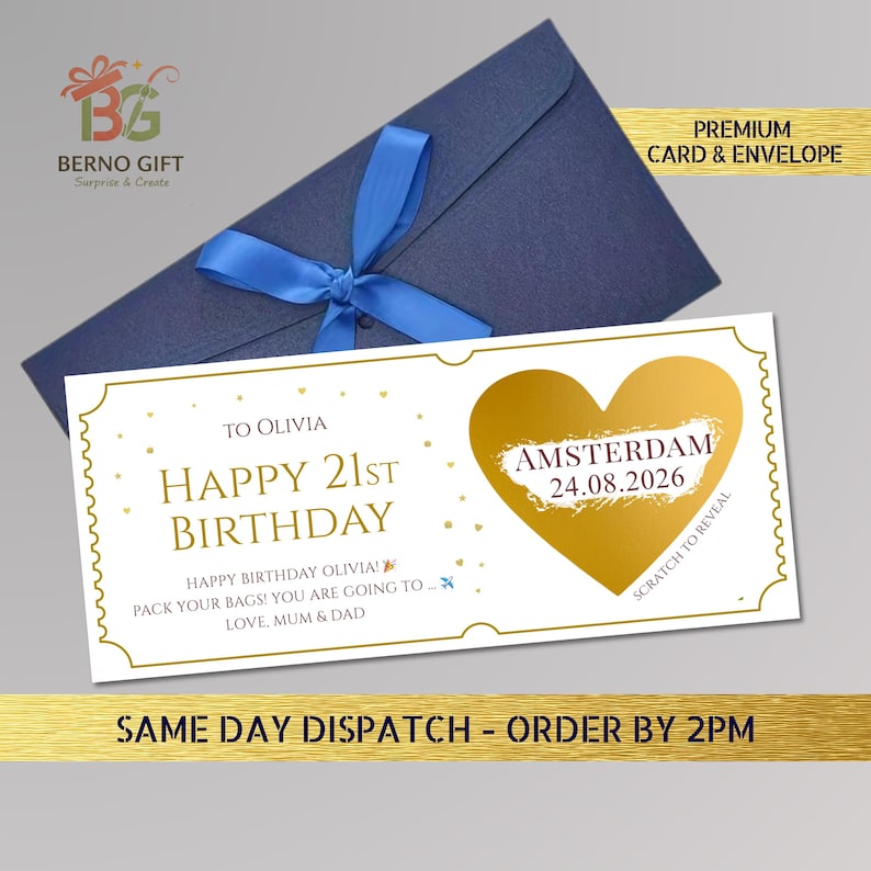 May include: A navy blue envelope with a blue ribbon bow, paired with a white and gold birthday card. The card reads "Happy 21st Birthday Olivia" and includes a scratch-off heart revealing "Amsterdam 24.08.2026".