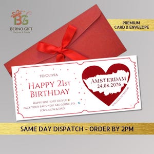 May include: A red envelope with a matching ribbon bow, and a white card with the text "HAPPY 21ST BIRTHDAY" and "AMSTERDAM 24.08.2026". The card has a heart-shaped design and the words "SCRATCH TO REVEAL".