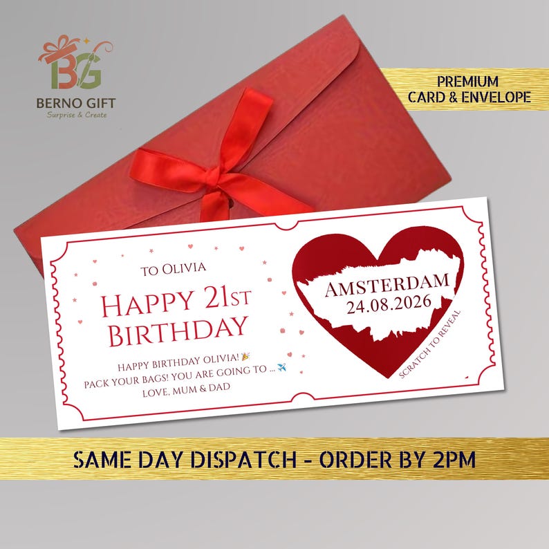 May include: A red envelope with a matching ribbon bow, and a white card with the text "HAPPY 21ST BIRTHDAY" and "AMSTERDAM 24.08.2026". The card has a heart-shaped design and the words "SCRATCH TO REVEAL".