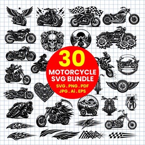 Może przedstawiać: Kolekcja 30 czarno-białych ilustracji graficznych o tematyce motocyklowej, przedstawiających różne motocykle, czaszki, płomienie, skrzydła i krajobrazy, z centralnym czerwonym kołem zawierającym tekst 30 MOTORCYCLE SVG BUNDLE SVG . PNG . PDF JPG . Ai . EPS.