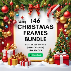 May include: A festive Christmas-themed image with a central white frame, adorned with text reading "Merry 146 CHRISTMAS FRAMES BUNDLE." The image includes Christmas ornaments, gift boxes, and a Christmas tree. The frame size is 142x142 cm.