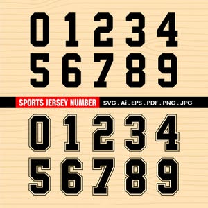 Peut inclure: Chiffres de maillot de sport noirs de 0 à 9 dans une police de caractères en gras, avec un style plein et souligné. Le texte "SPORTS JERSEY NUMBER" est affiché au-dessus des chiffres. Formats de fichiers : SVG, AI, EPS, PDF, PNG et JPG.