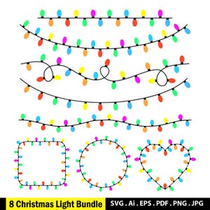 May include: A vector graphic bundle of Christmas lights in various arrangements. Includes straight lines, a wavy line, and shapes like a square, circle, and heart, all outlined with colorful bulbs. The text "8 Christmas Light Bundle" is at the bottom.